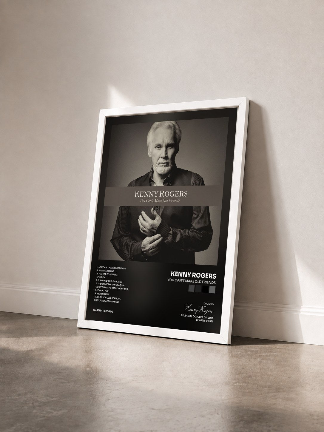 #blanc Tableau de l'album You Can't Make Old Friends de Kenny Rogers vu de trois quarts, cadre blanc