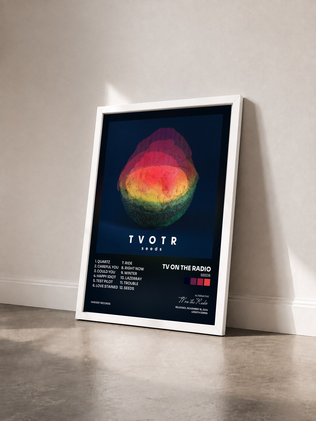 #blanc Tableau de l'album Seeds de TV on the Radio vu de trois quarts, cadre blanc