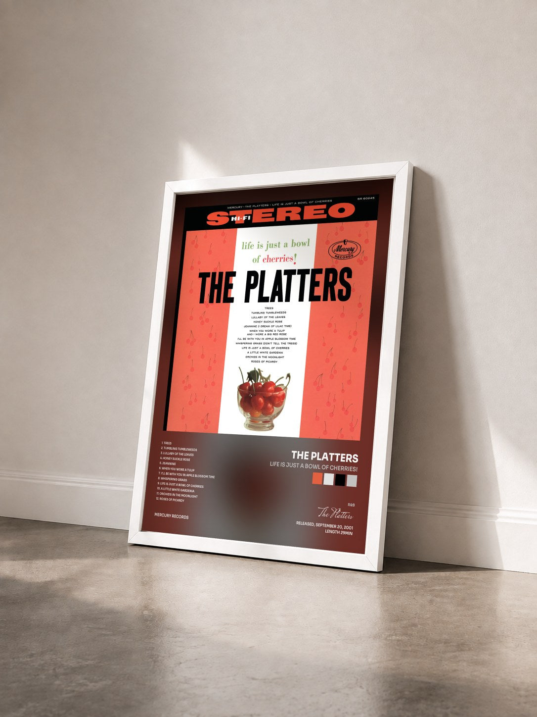 #blanc Tableau de l'album Life Is Just A Bowl Of Cherries! de The Platters vu de trois quarts, cadre blanc