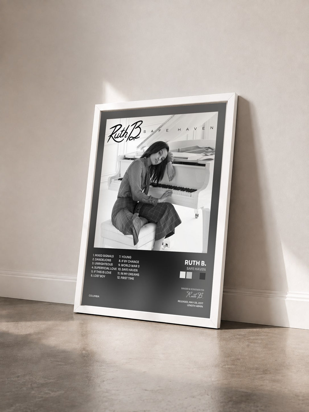 #blanc Tableau de l'album Safe Haven de Ruth B. vu de trois quarts, cadre blanc