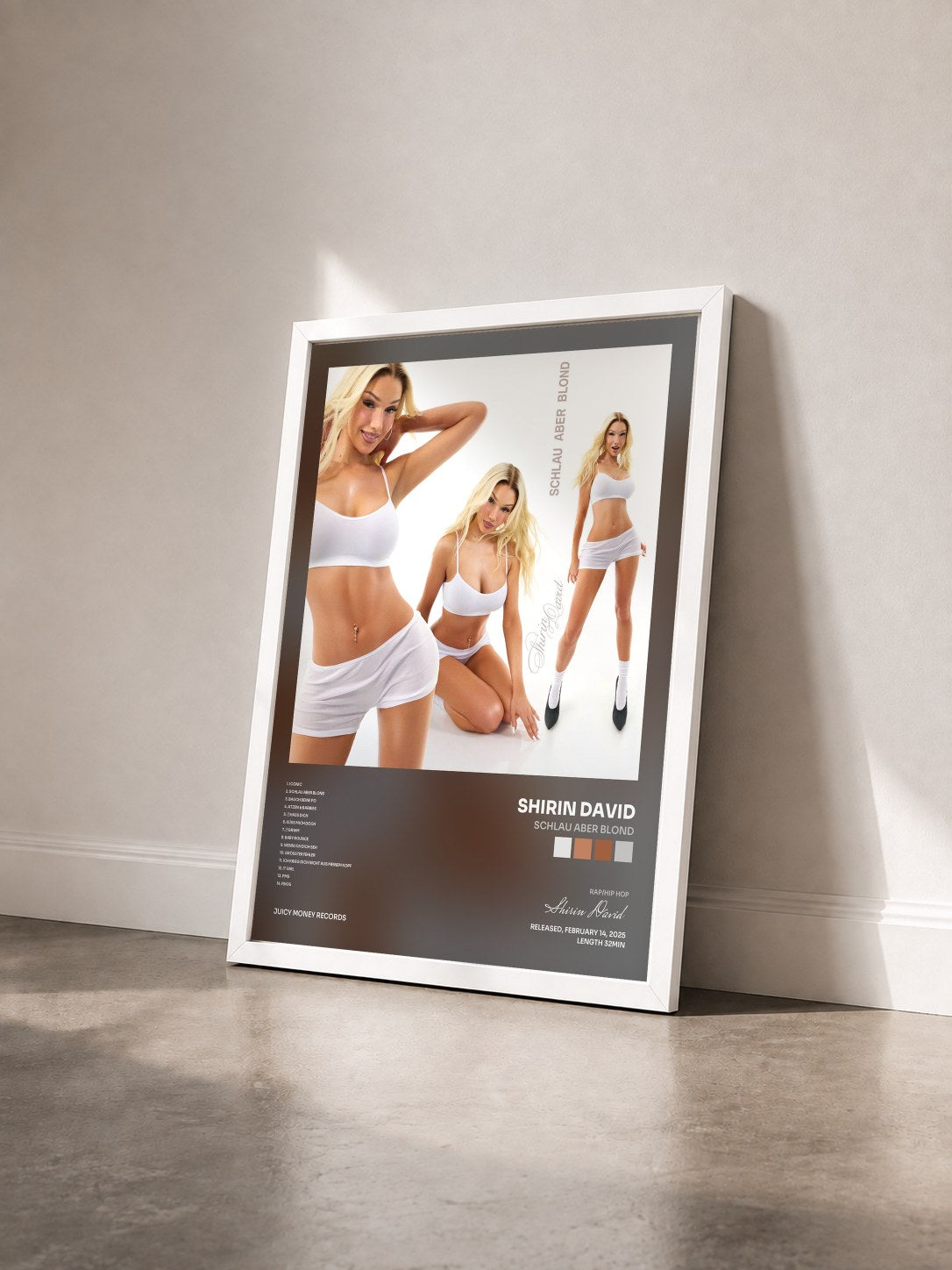 #blanc Tableau de l'album Schlau aber blond de Shirin David vu de trois quarts, cadre blanc
