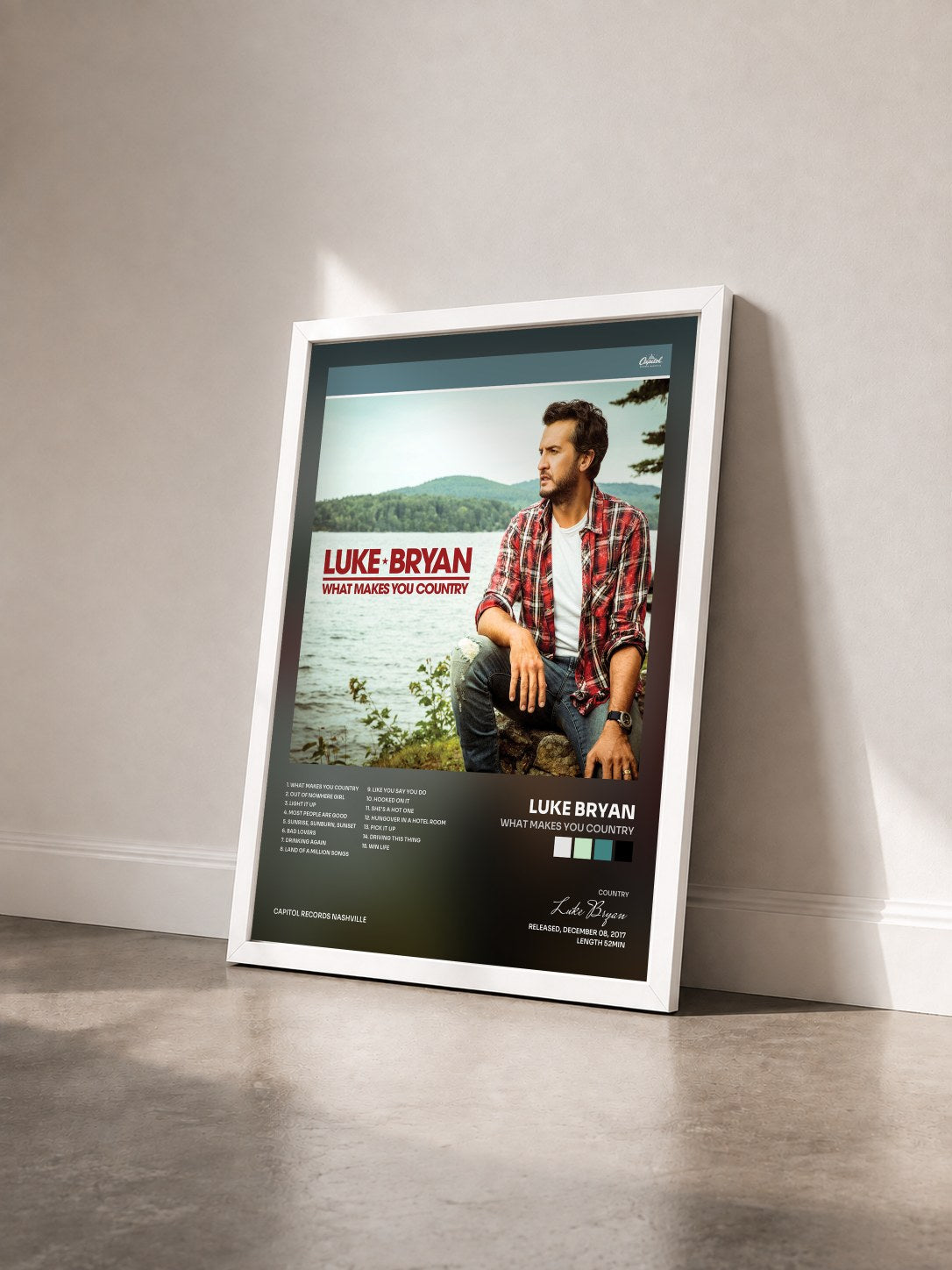#blanc Tableau de l'album What Makes You Country de Luke Bryan vu de trois quarts, cadre blanc