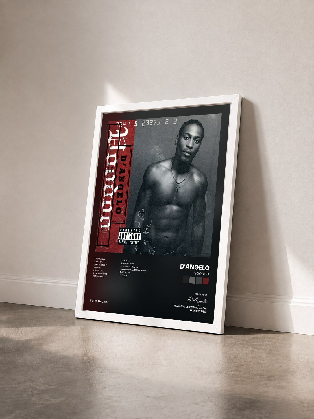 #blanc Tableau de l'album Voodoo de D'Angelo vu de trois quarts, cadre blanc