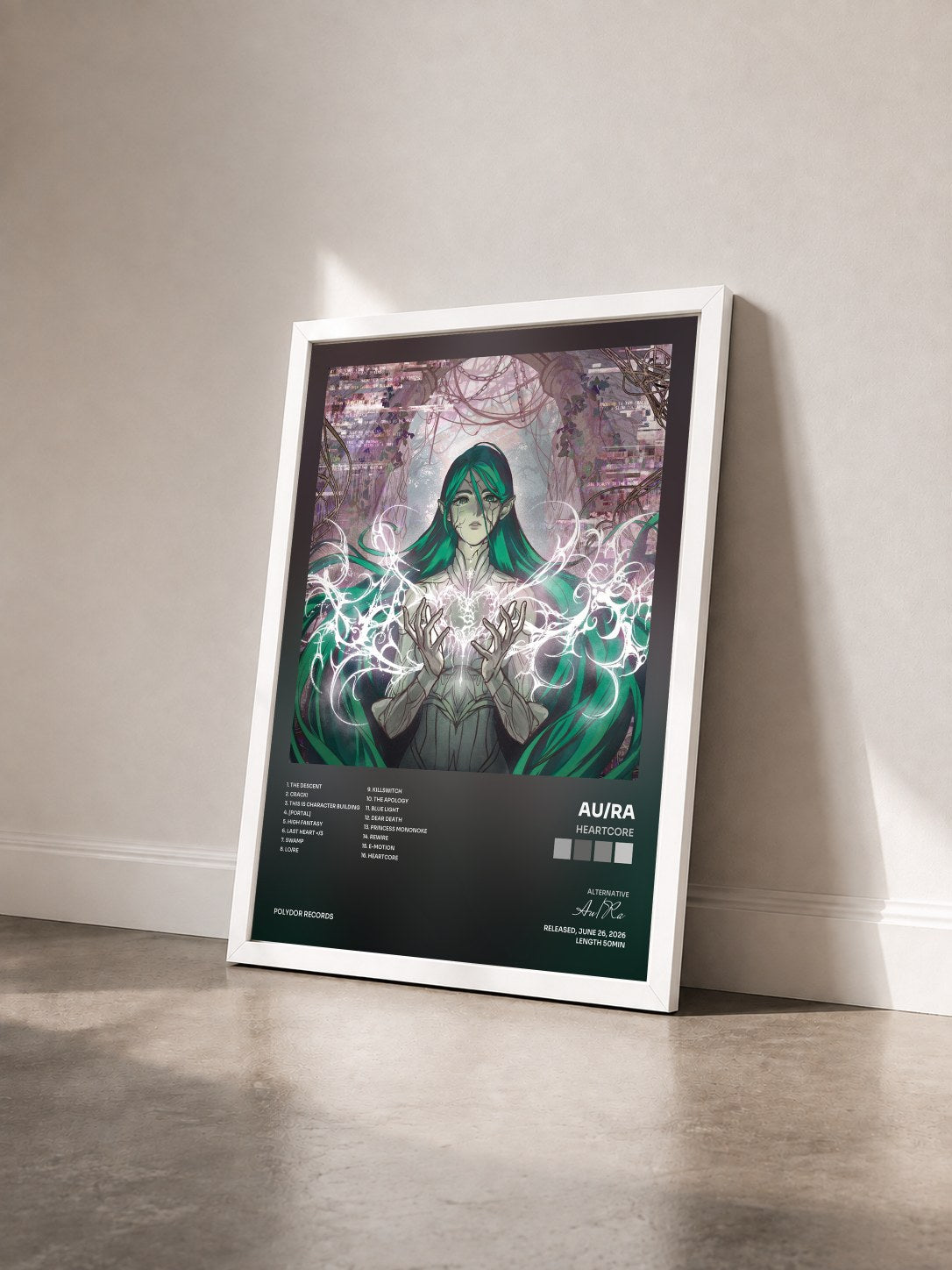 #blanc Tableau de l'album heartcore de Au/Ra vu de trois quarts, cadre blanc
