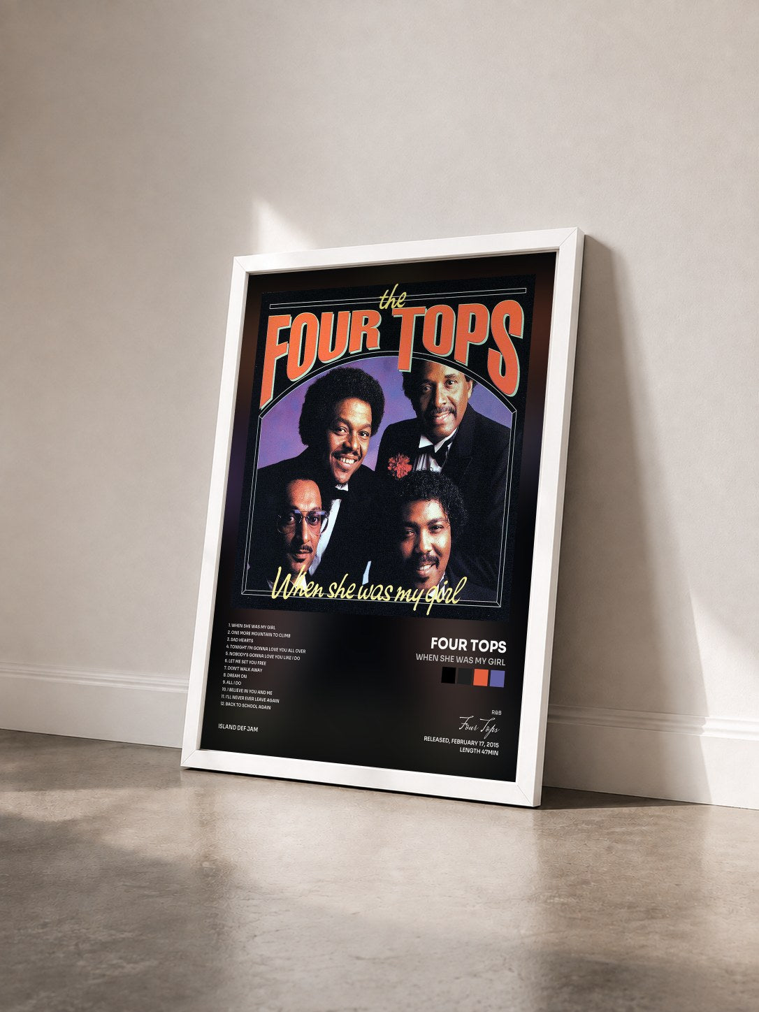 #blanc Tableau de l'album When She Was My Girl de Four Tops vu de trois quarts, cadre blanc