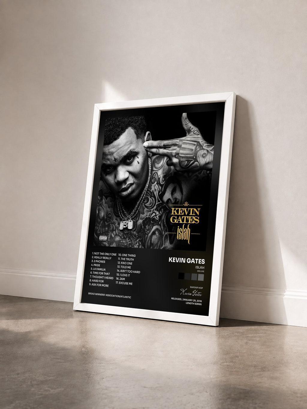 #blanc Tableau de l'album Islah (Deluxe) de Kevin Gates vu de trois quarts, cadre blanc