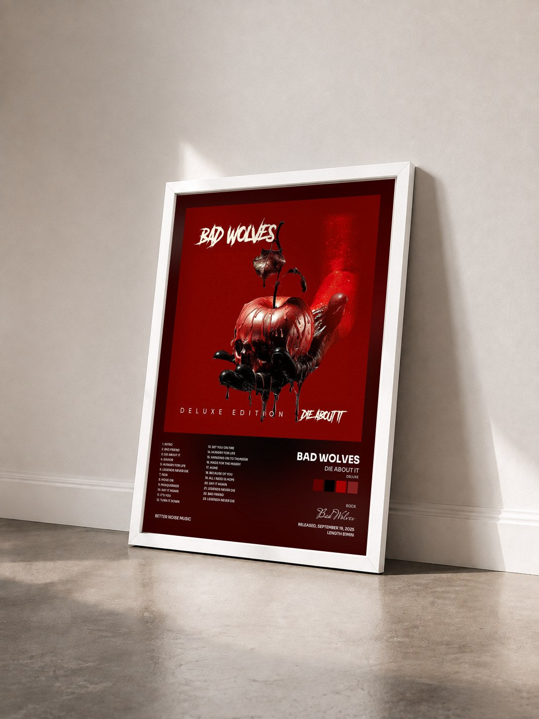 #blanc Tableau de l'album Die About It (Deluxe) de Bad Wolves vu de trois quarts, cadre blanc