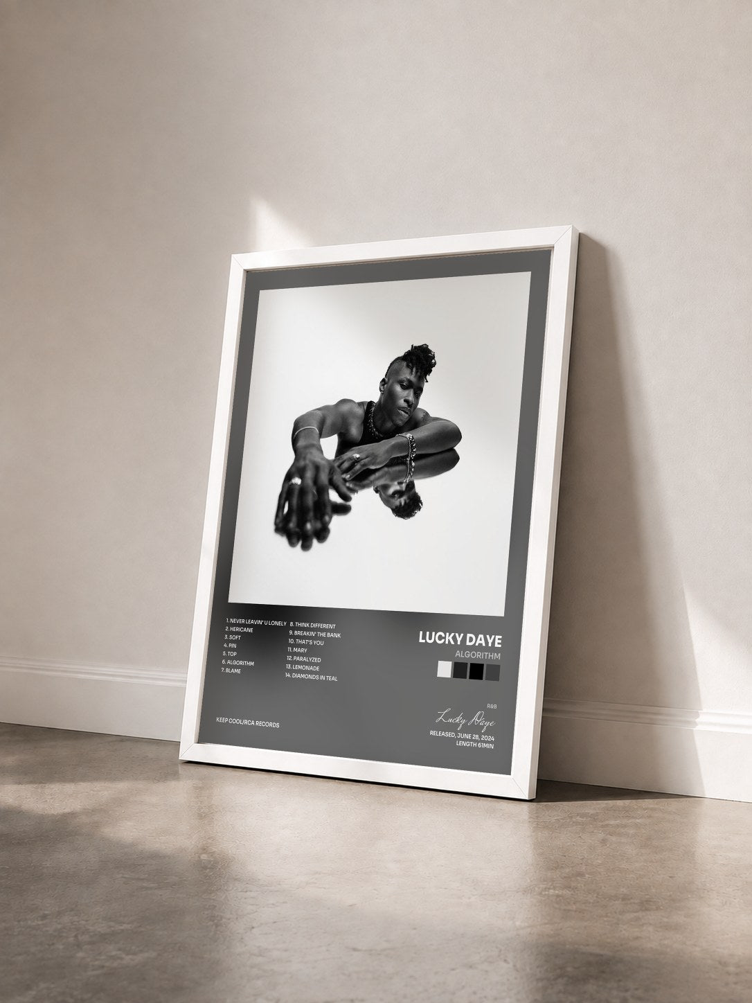 #blanc Tableau de l'album Algorithm de Lucky Daye vu de trois quarts, cadre blanc