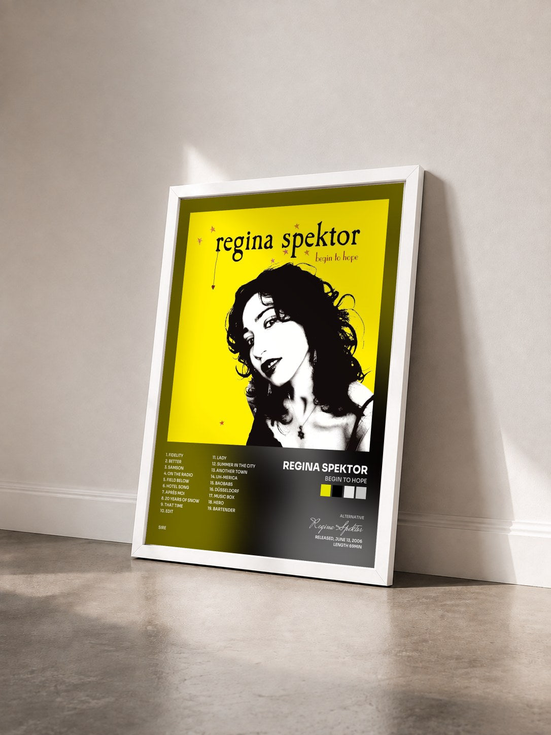 #blanc Tableau de l'album Begin to Hope de Regina Spektor vu de trois quarts, cadre blanc
