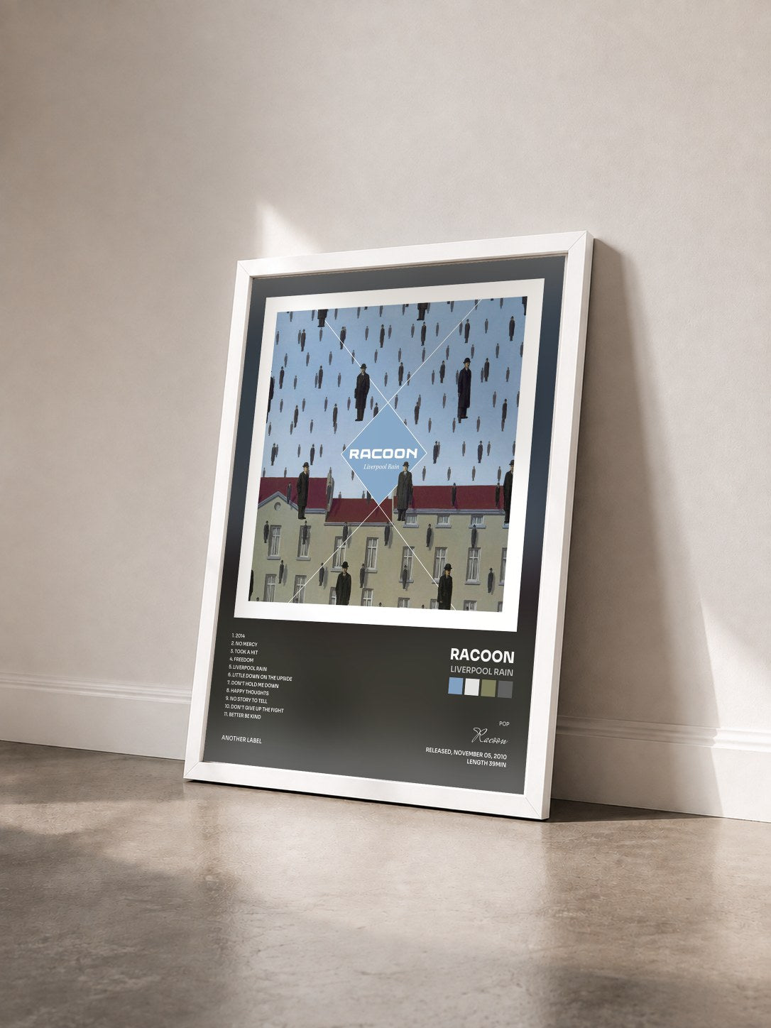 #blanc Tableau de l'album Liverpool Rain de Racoon vu de trois quarts, cadre blanc