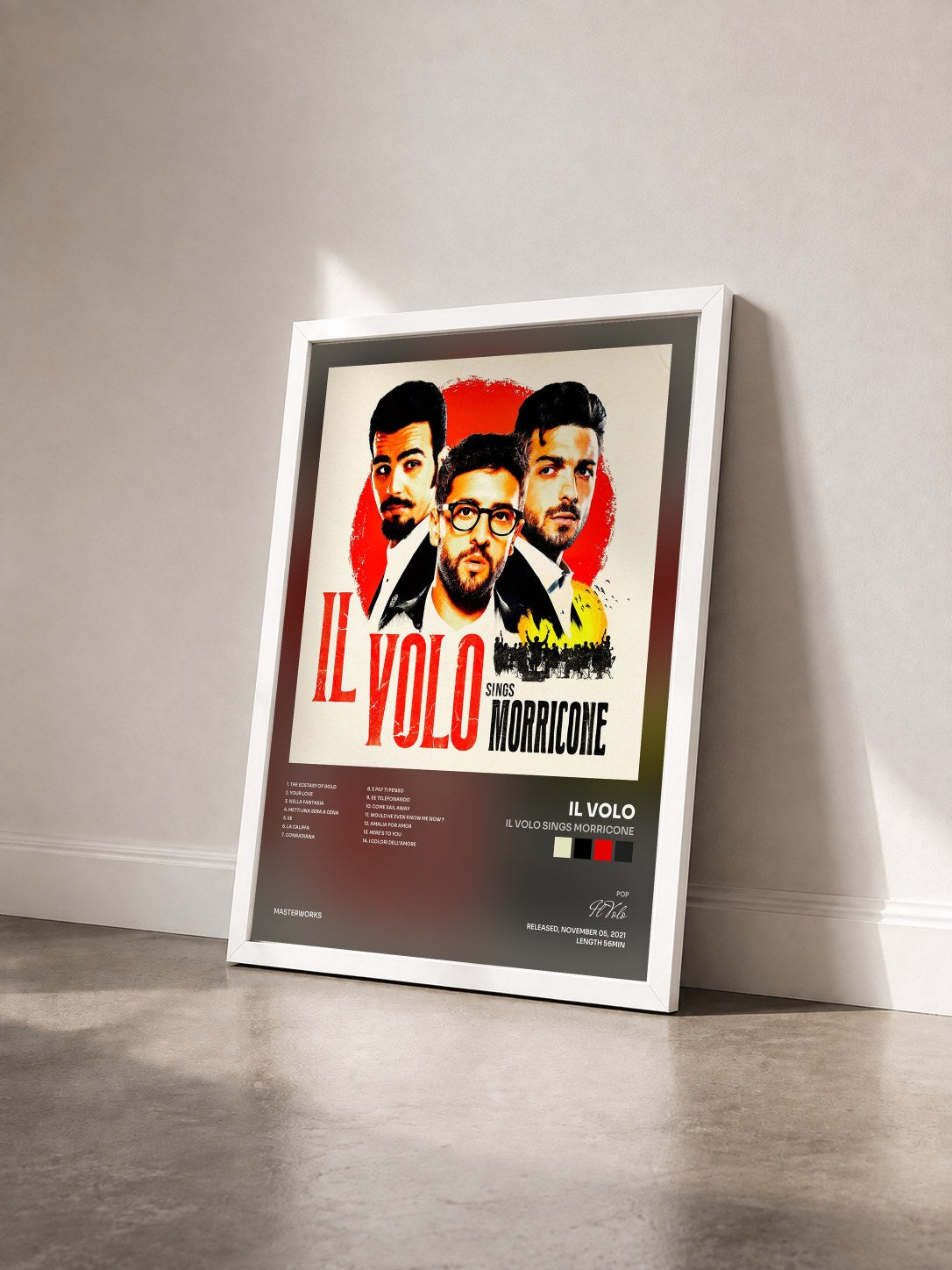 #blanc Tableau de l'album IL VOLO SINGS MORRICONE de Il Volo vu de trois quarts, cadre blanc