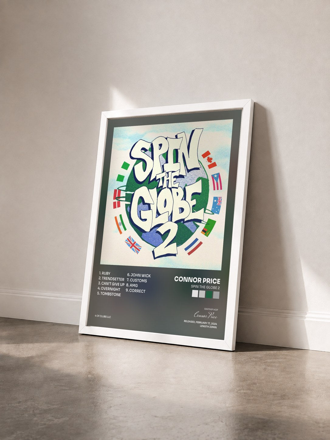 #blanc Tableau de l'album Spin The Globe 2 de Connor Price vu de trois quarts, cadre blanc