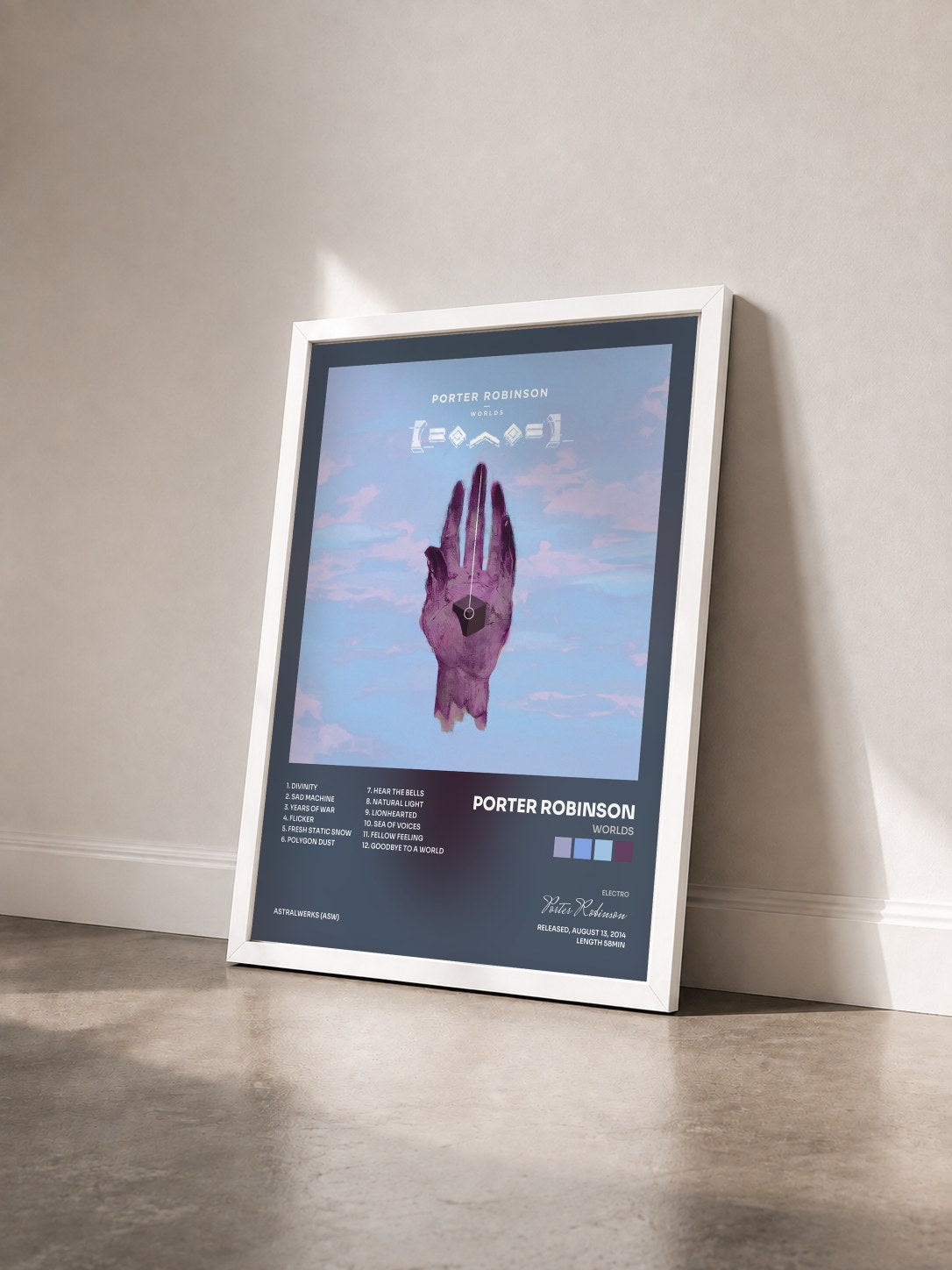 #blanc Tableau de l'album Worlds de Porter Robinson vu de trois quarts, cadre blanc