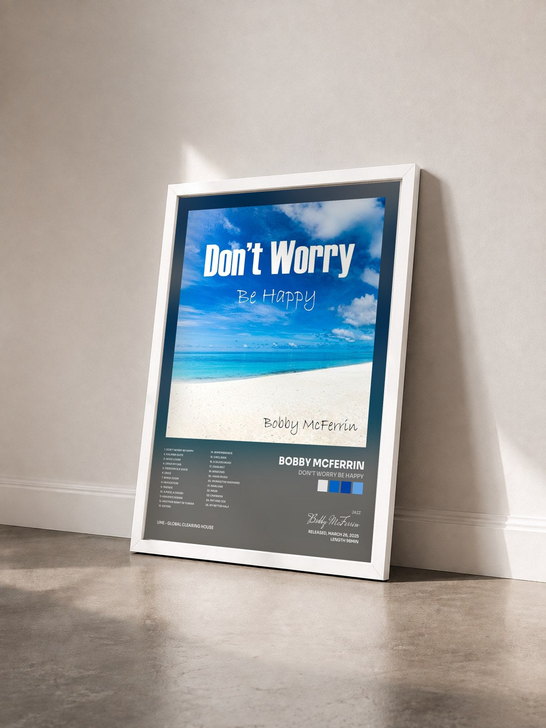 #blanc Tableau de l'album Don't Worry Be Happy de Bobby McFerrin vu de trois quarts, cadre blanc
