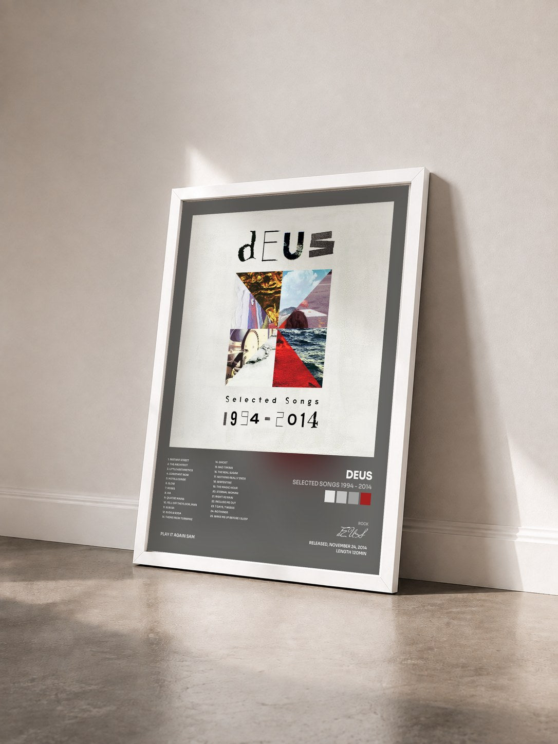 #blanc Tableau de l'album Selected Songs 1994 - 2014 de dEUS vu de trois quarts, cadre blanc