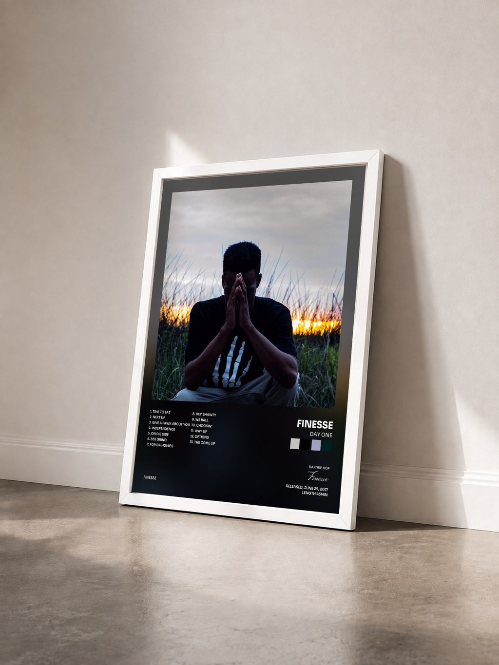 #blanc Tableau de l'album Day One de Finesse vu de trois quarts, cadre blanc