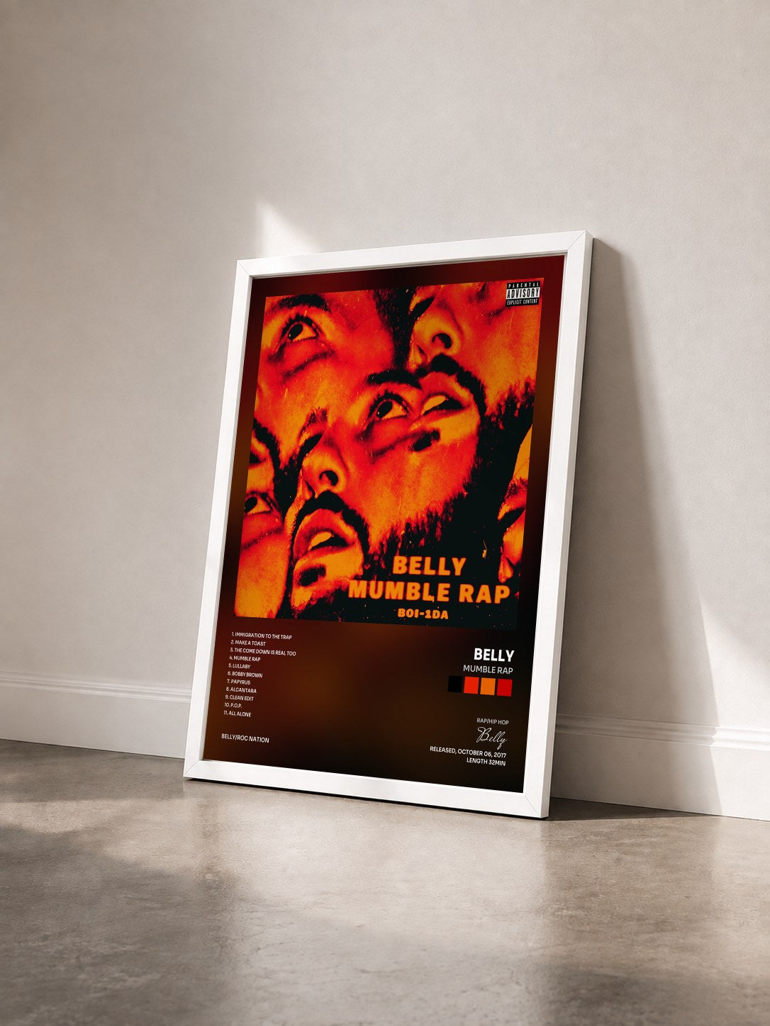 #blanc Tableau de l'album Mumble Rap de Belly vu de trois quarts, cadre blanc