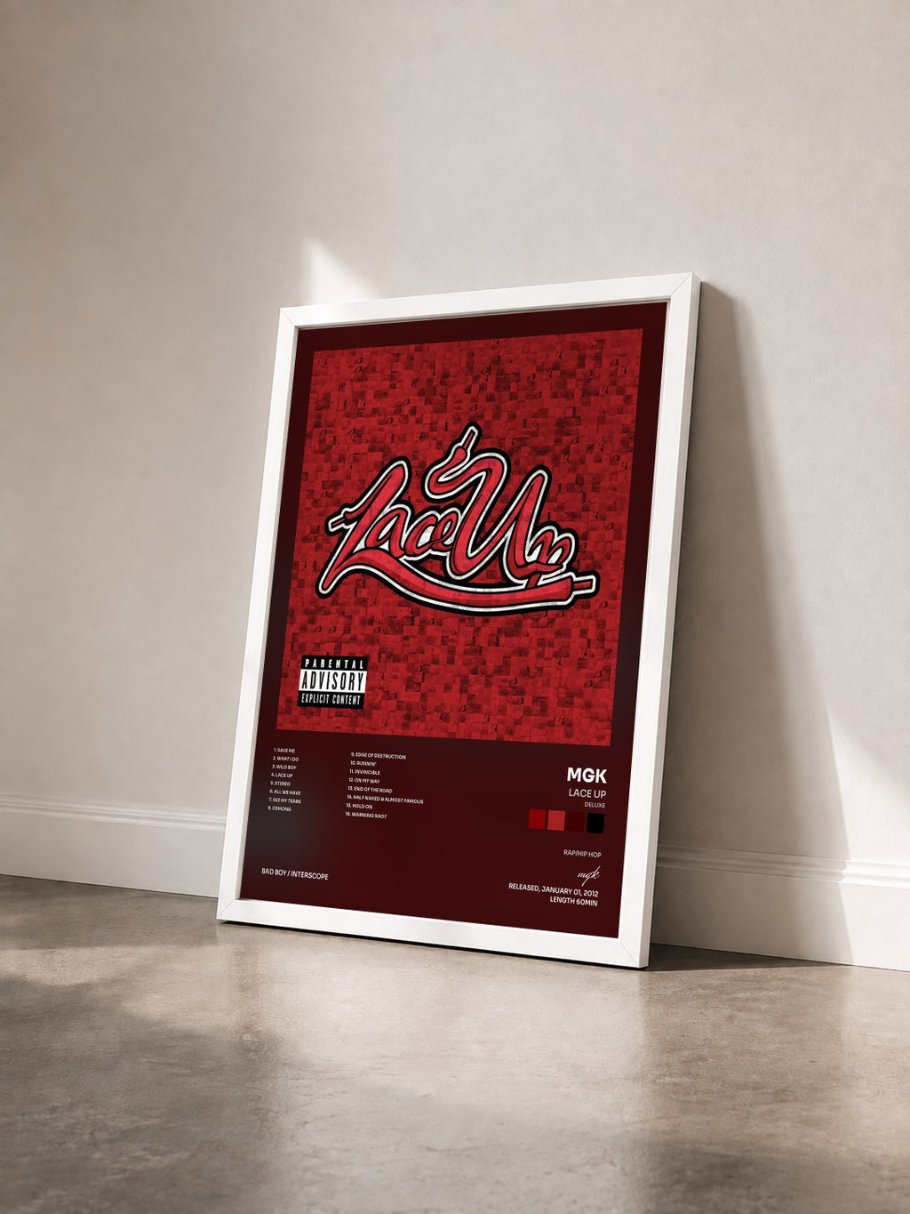 #blanc Tableau de l'album Lace Up (Deluxe) de mgk vu de trois quarts, cadre blanc