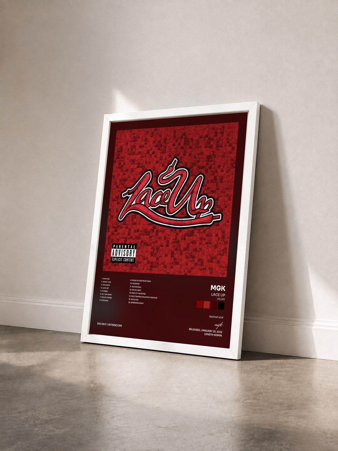 #blanc Tableau de l'album Lace Up (Deluxe) de mgk vu de trois quarts, cadre blanc