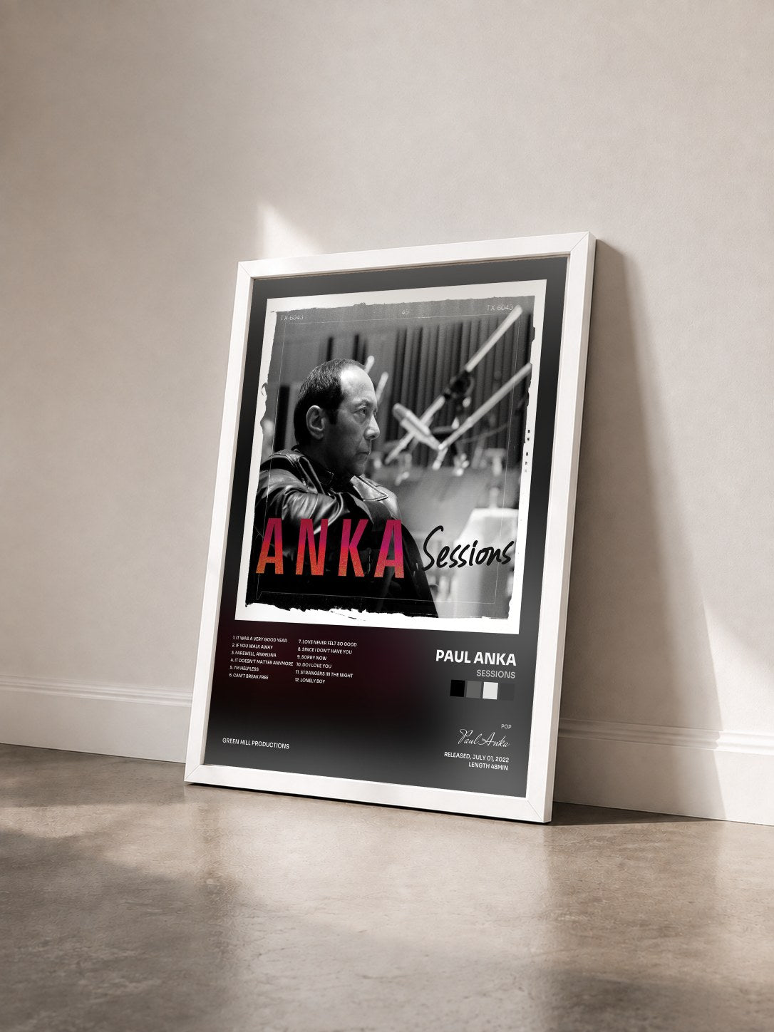 #blanc Tableau de l'album Sessions de Paul Anka vu de trois quarts, cadre blanc