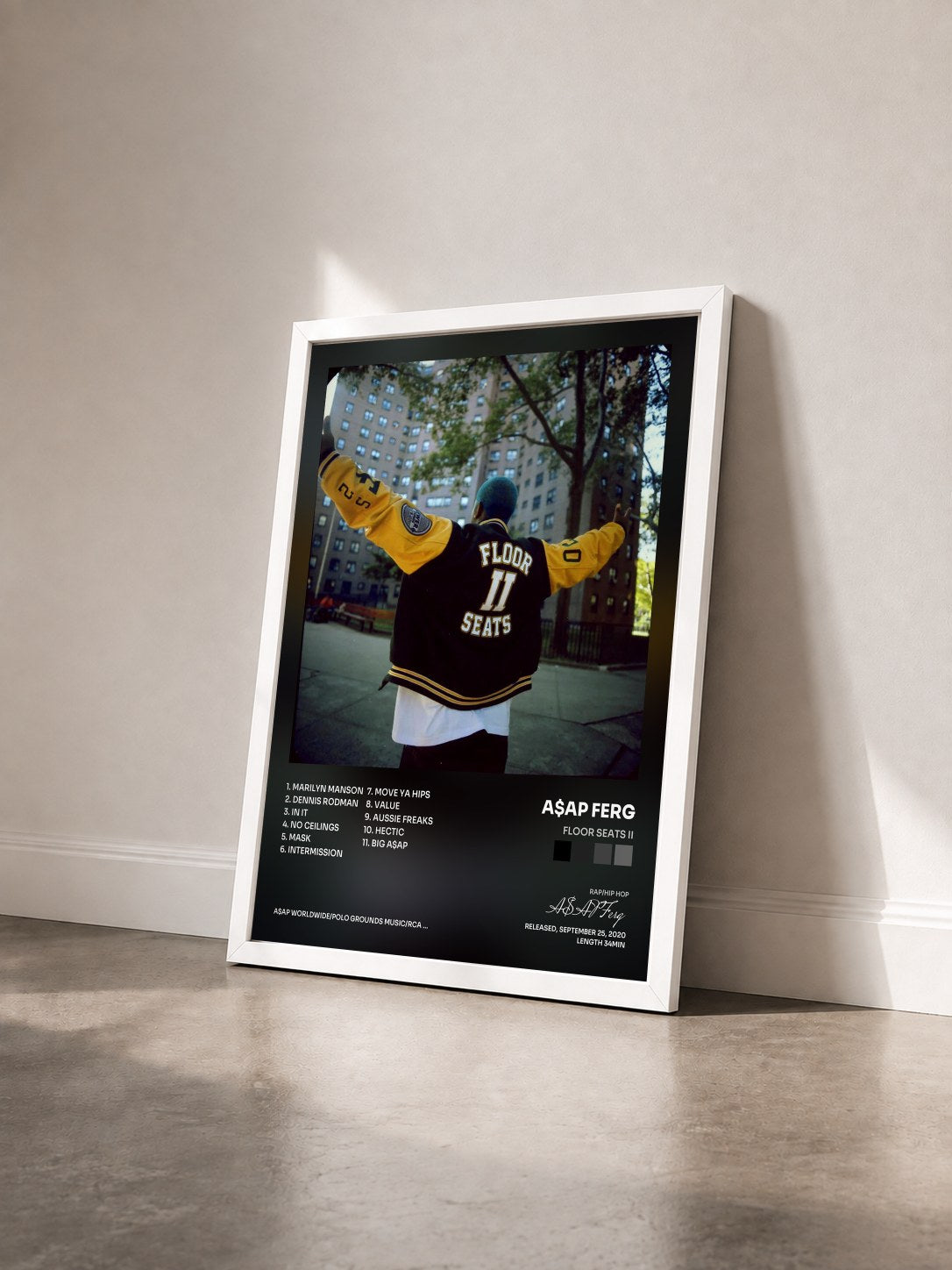 #blanc Tableau de l'album Floor Seats II de A$AP Ferg vu de trois quarts, cadre blanc