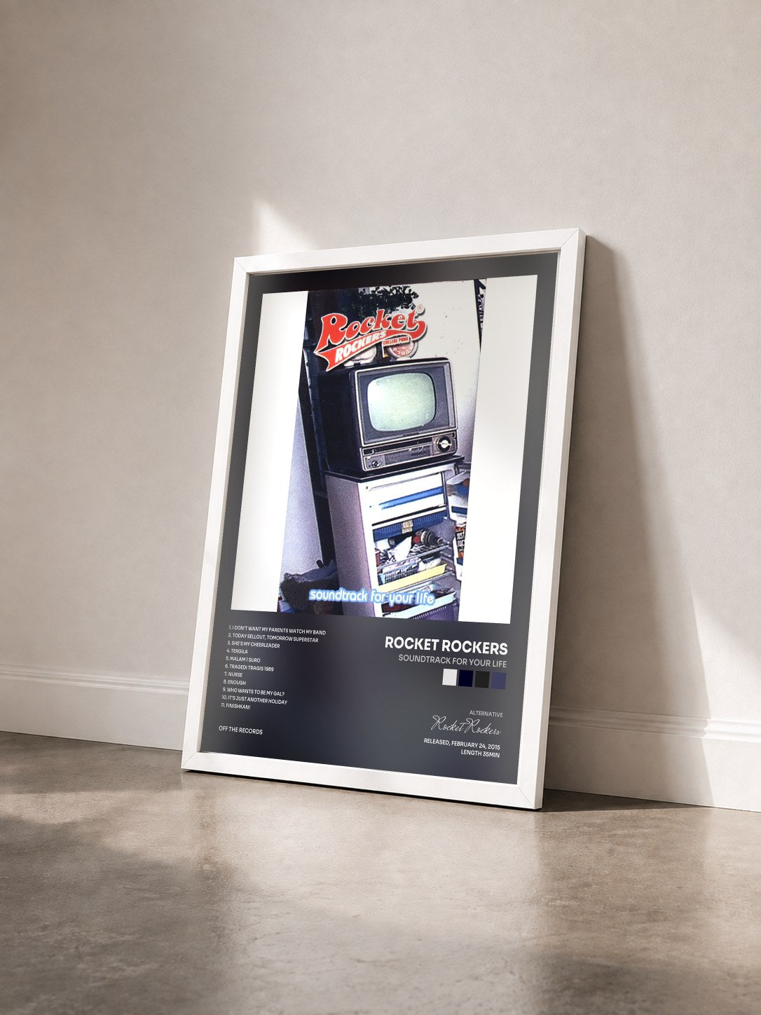 #blanc Tableau de l'album Soundtrack For Your Life de Rocket Rockers vu de trois quarts, cadre blanc