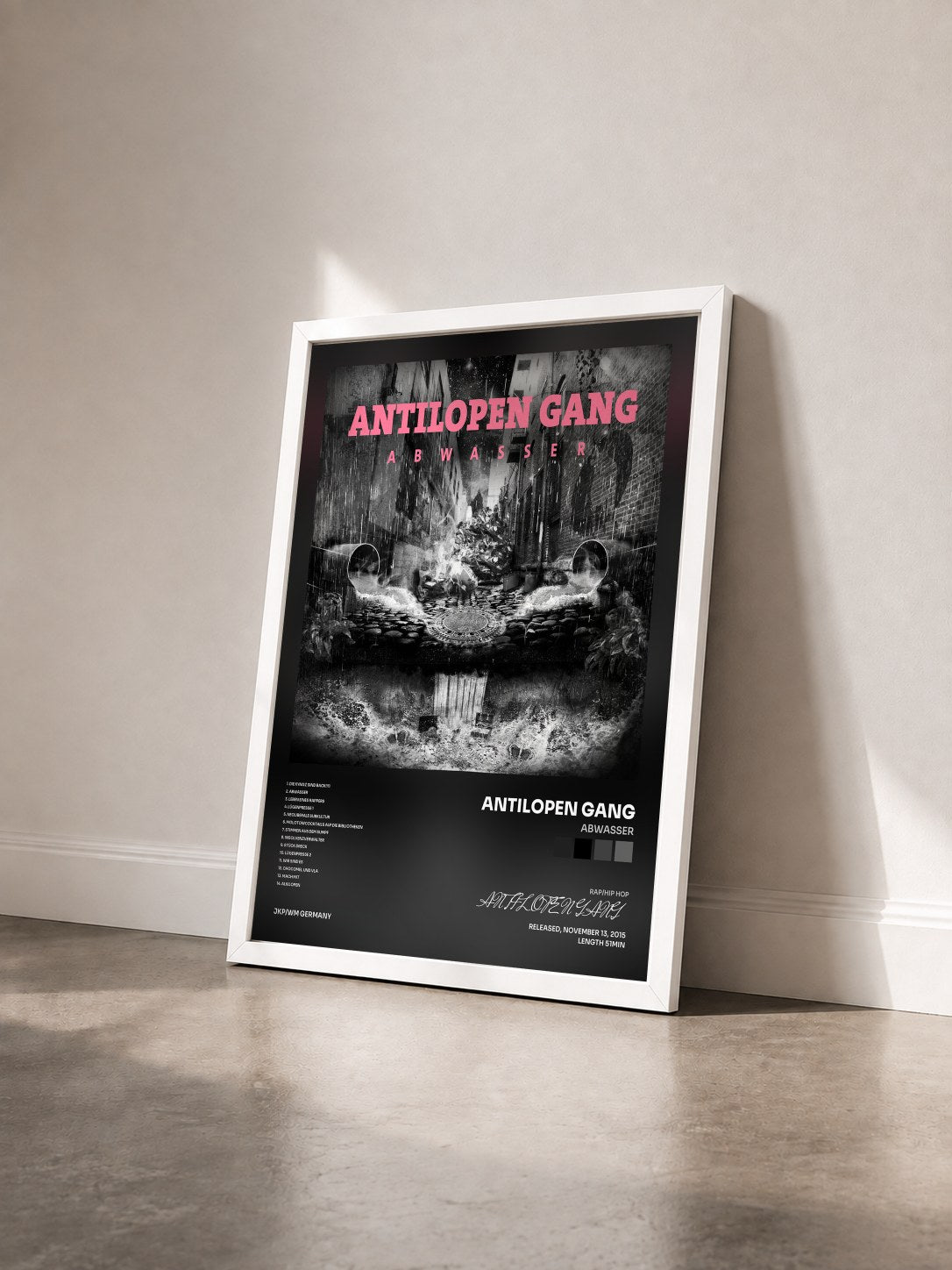#blanc Tableau de l'album Abwasser de ANTILOPEN GANG vu de trois quarts, cadre blanc