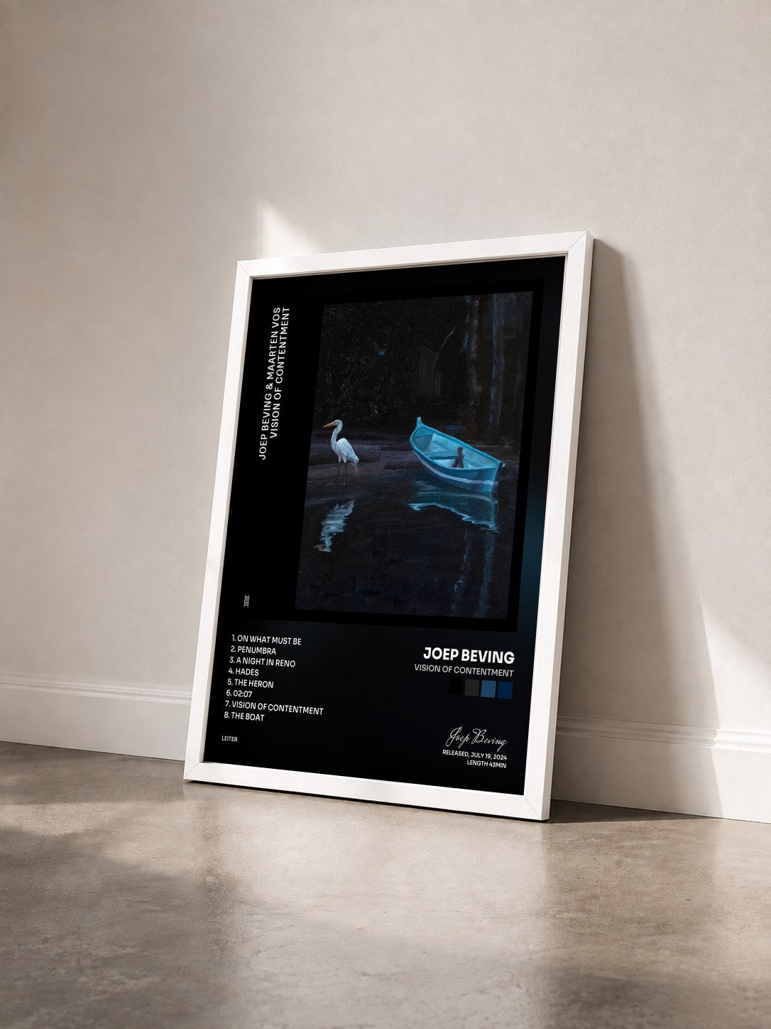 #blanc Tableau de l'album vision of contentment de Joep Beving vu de trois quarts, cadre blanc
