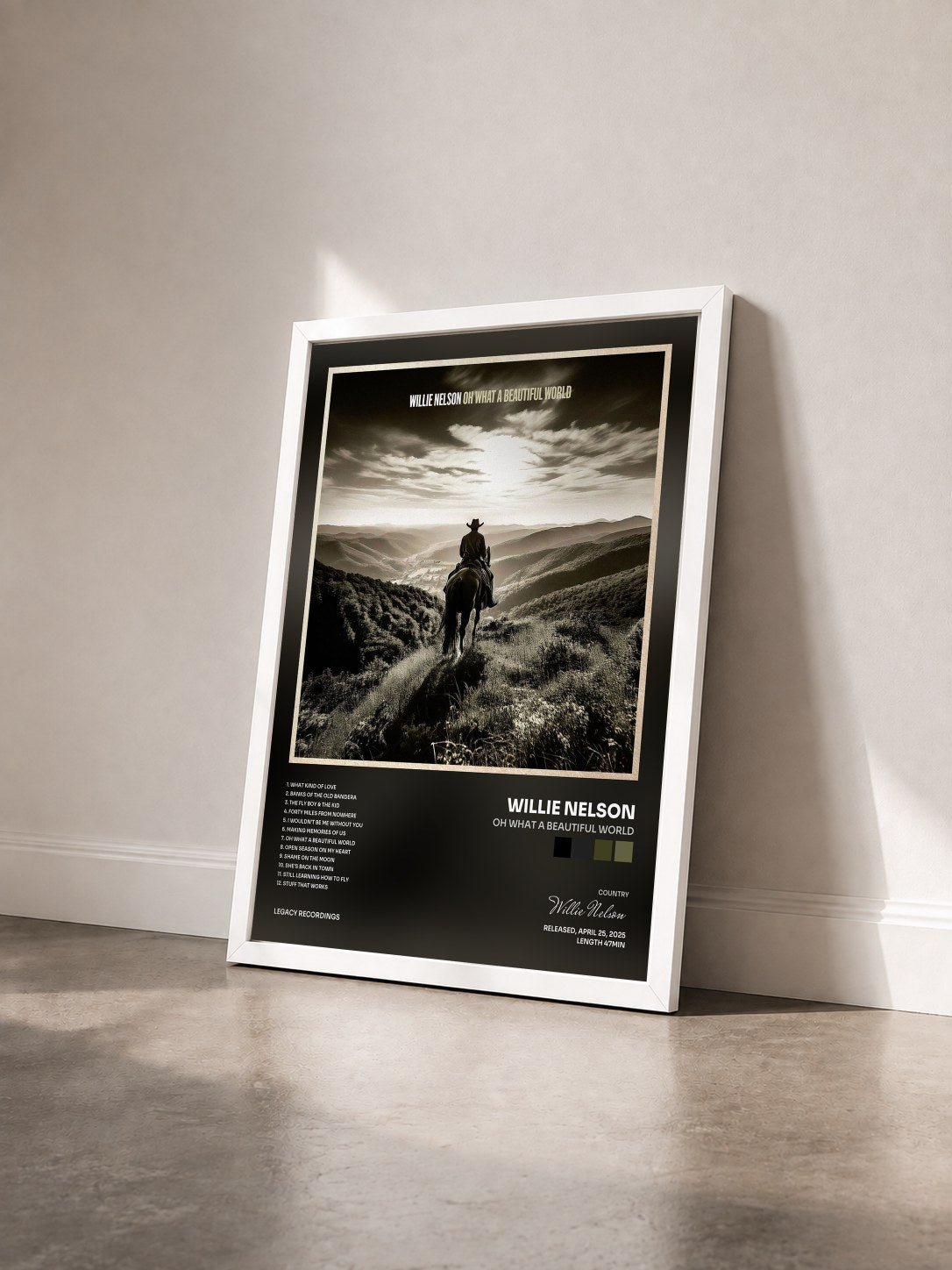 #blanc Tableau de l'album Oh What A Beautiful World de Willie Nelson vu de trois quarts, cadre blanc