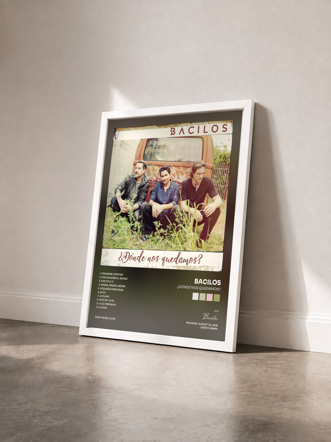 #blanc Tableau de l'album ¿Dónde Nos Quedamos? de Bacilos vu de trois quarts, cadre blanc