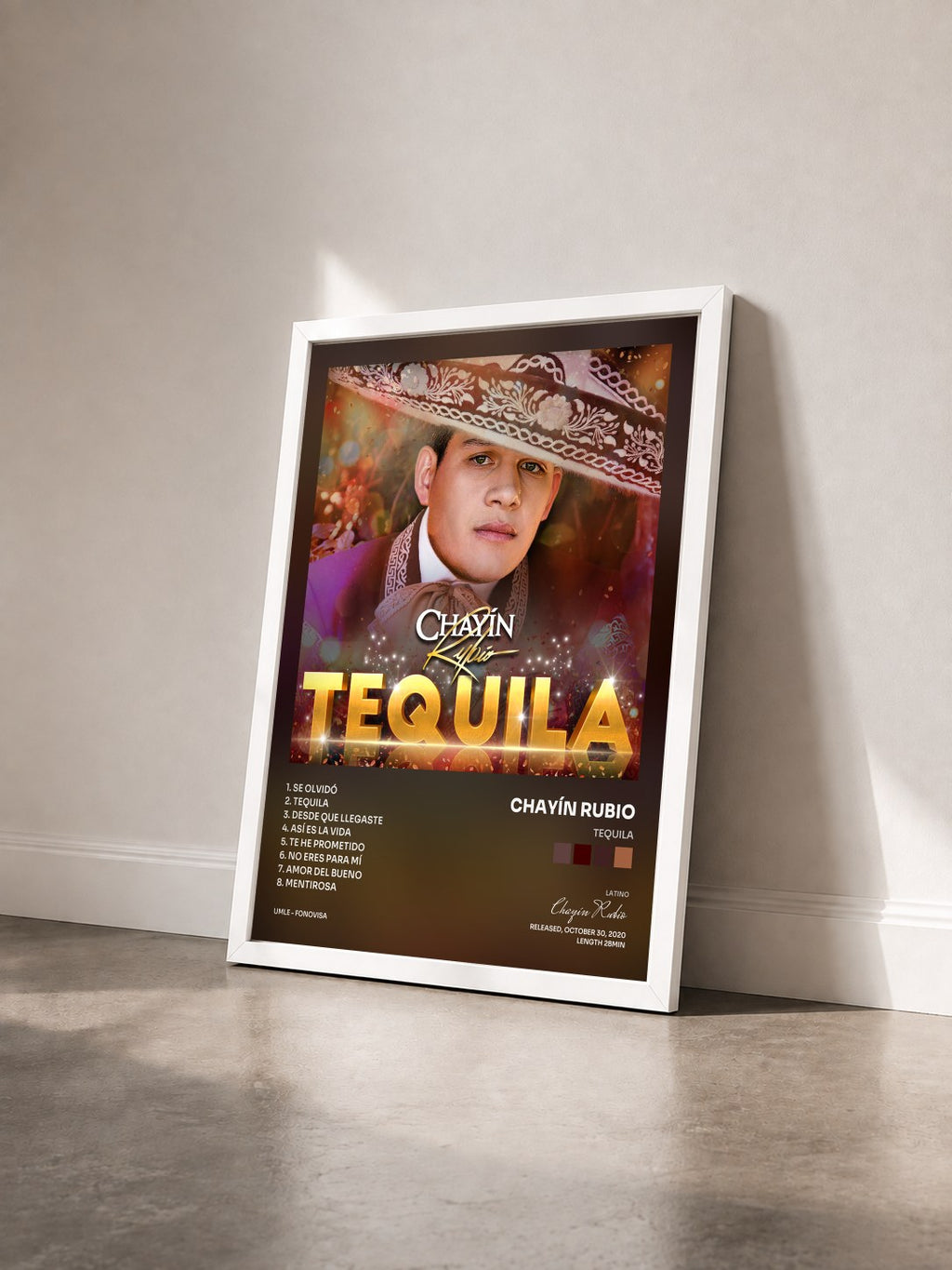 #blanc Tableau de l'album Tequila de Chayín Rubio vu de trois quarts, cadre blanc