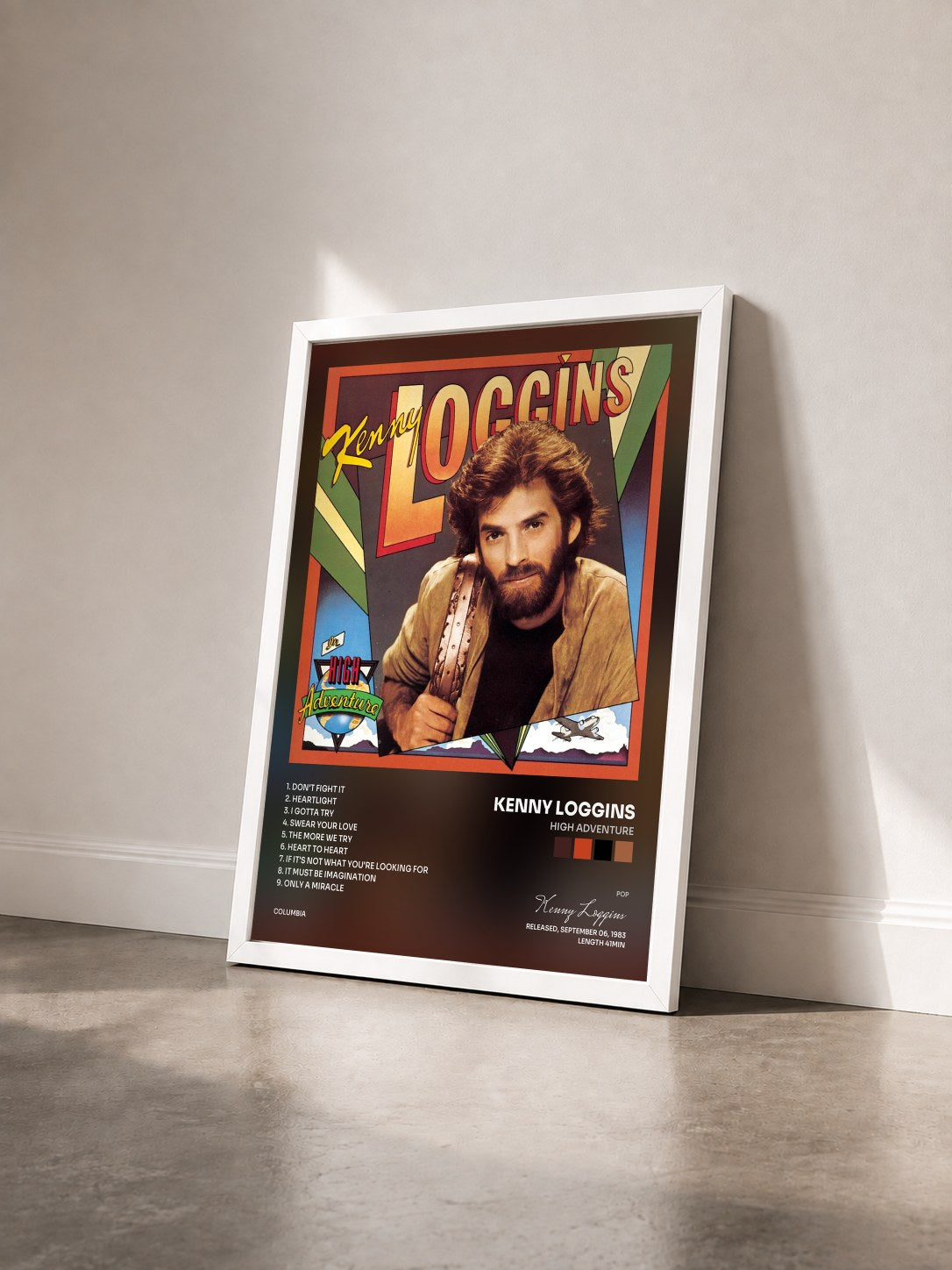 #blanc Tableau de l'album High Adventure de Kenny Loggins vu de trois quarts, cadre blanc