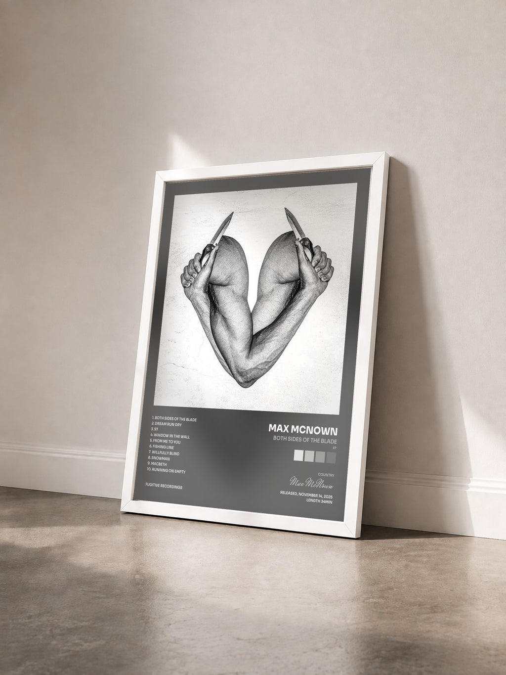 #blanc Both Sides of the Blade (EP) by Max McNown as a framed art print seen at an angle, white frame