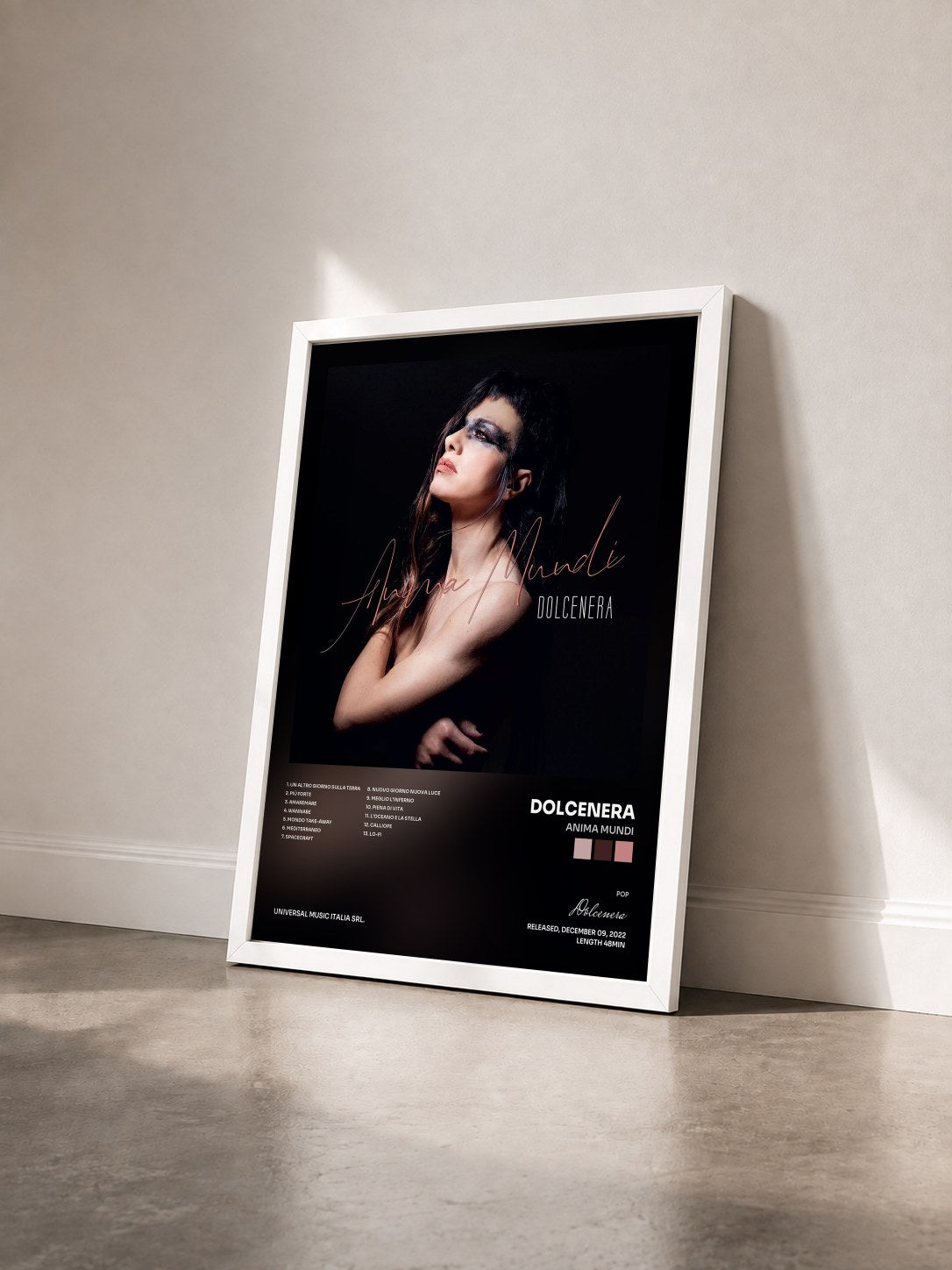 #blanc Tableau de l'album Anima Mundi de Dolcenera vu de trois quarts, cadre blanc