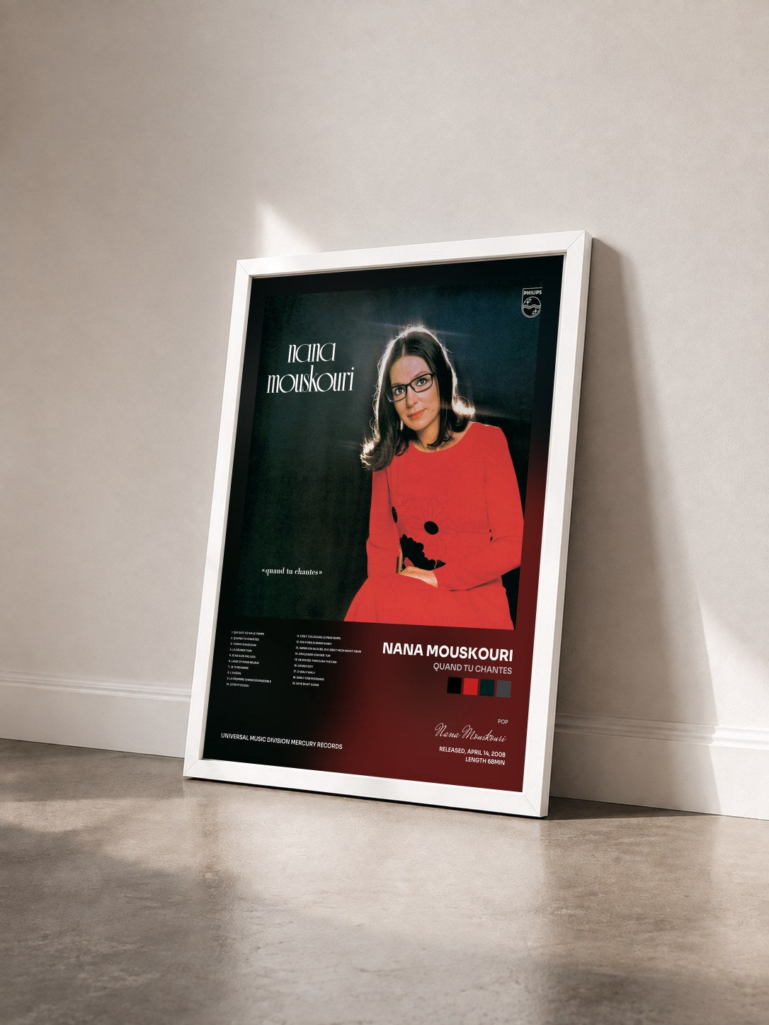#blanc Tableau de l'album Quand Tu Chantes de Nana Mouskouri vu de trois quarts, cadre blanc