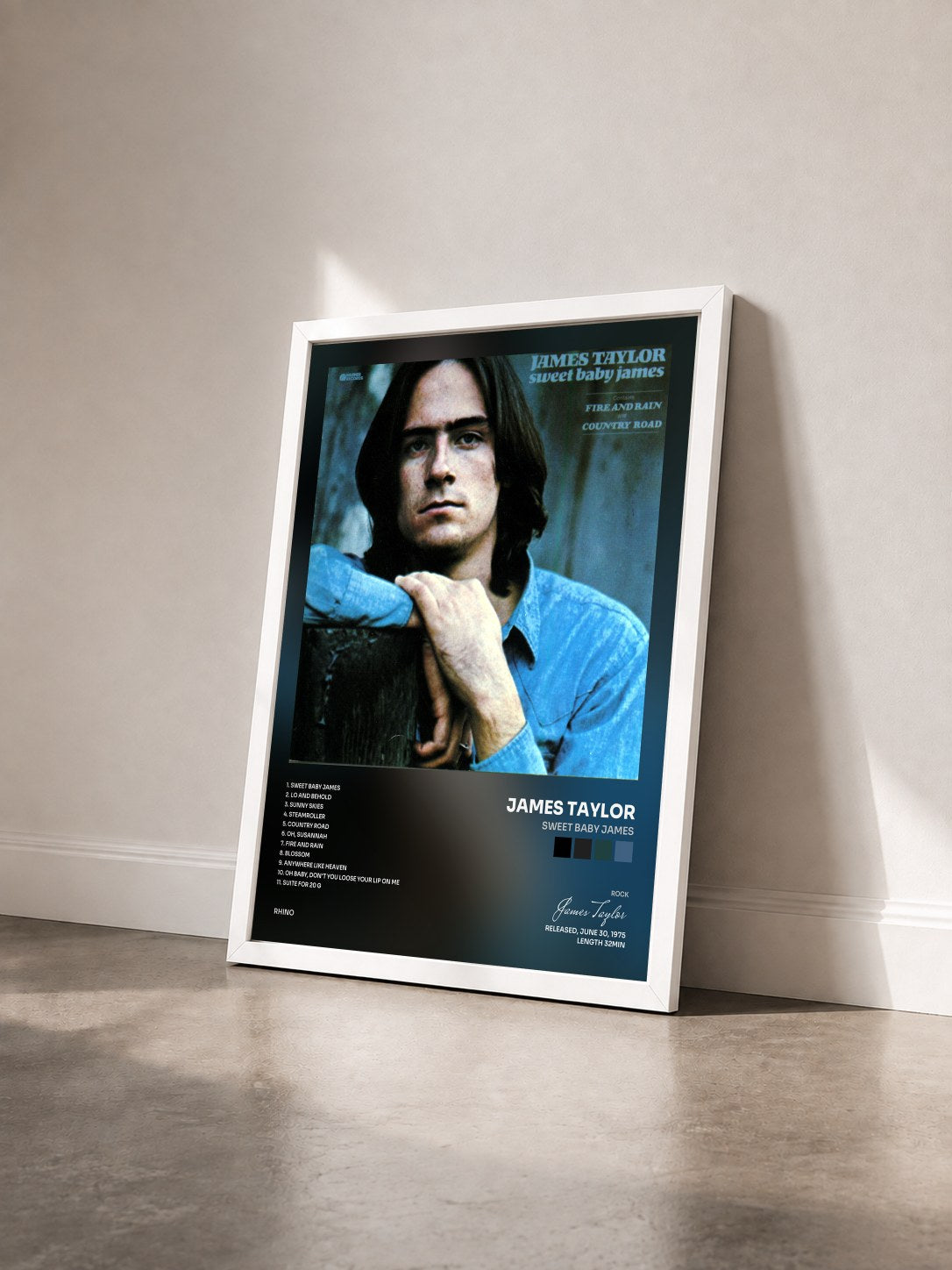 #blanc Tableau de l'album Sweet Baby James de James Taylor vu de trois quarts, cadre blanc