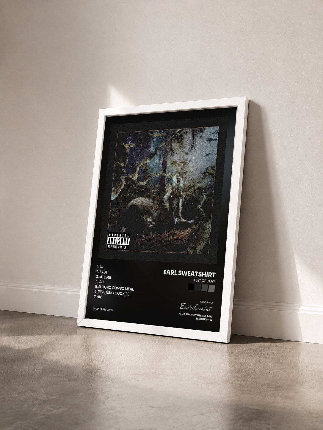 #blanc Tableau de l'album FEET OF CLAY de Earl Sweatshirt vu de trois quarts, cadre blanc