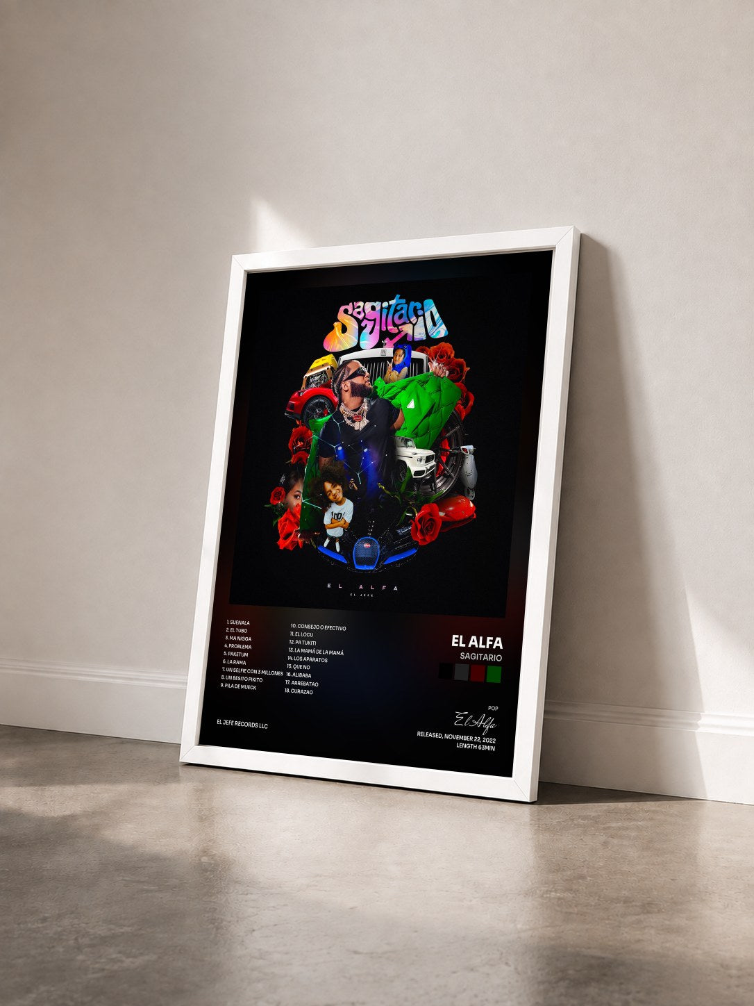 #blanc Tableau de l'album SAGITARIO de El Alfa vu de trois quarts, cadre blanc