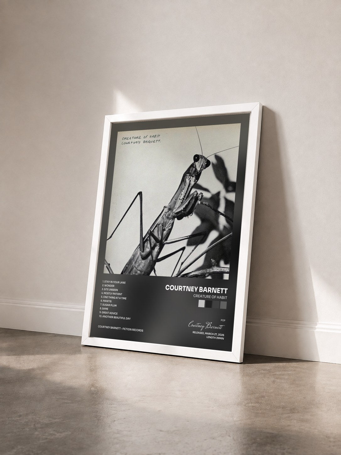 #blanc Tableau de l'album Creature of Habit de Courtney Barnett vu de trois quarts, cadre blanc
