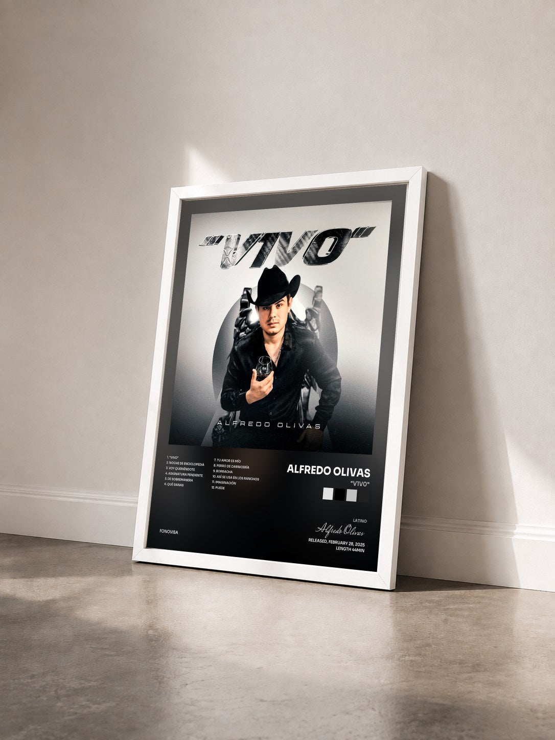 #blanc Tableau de l'album "V1V0" de Alfredo Olivas vu de trois quarts, cadre blanc