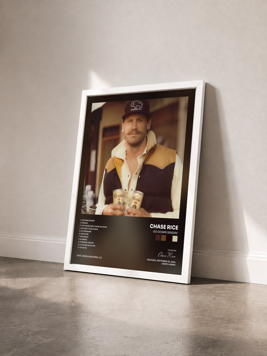 #blanc Tableau de l'album Go Down Singin' de Chase Rice vu de trois quarts, cadre blanc
