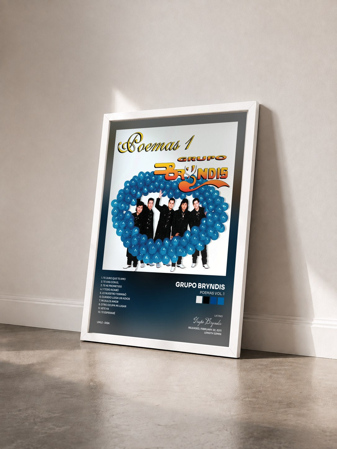 #blanc Tableau de l'album Poemas Vol. 1 de Grupo Bryndis vu de trois quarts, cadre blanc