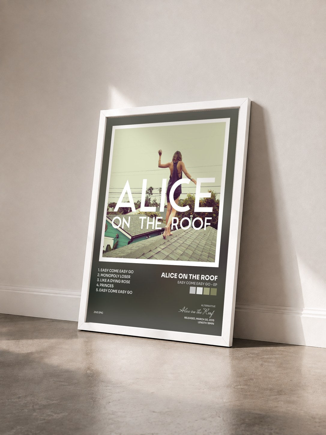 #blanc Tableau de l'album Easy Come Easy Go - EP de Alice on the Roof vu de trois quarts, cadre blanc