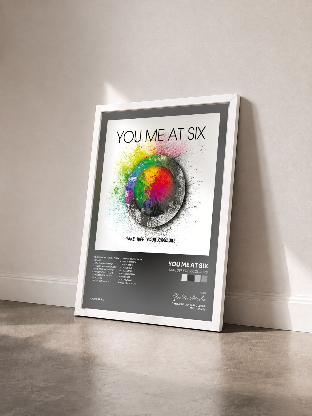 #blanc Tableau de l'album Take off Your Colours de You Me At Six vu de trois quarts, cadre blanc