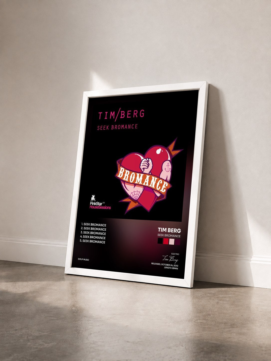 #blanc Tableau de l'album Seek Bromance de Tim Berg vu de trois quarts, cadre blanc