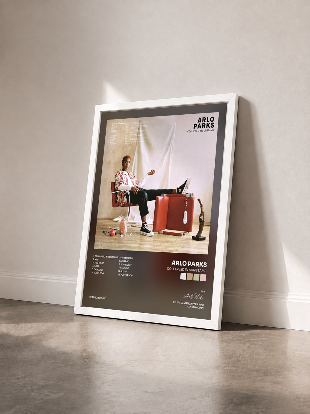 #blanc Tableau de l'album Collapsed In Sunbeams de Arlo Parks vu de trois quarts, cadre blanc