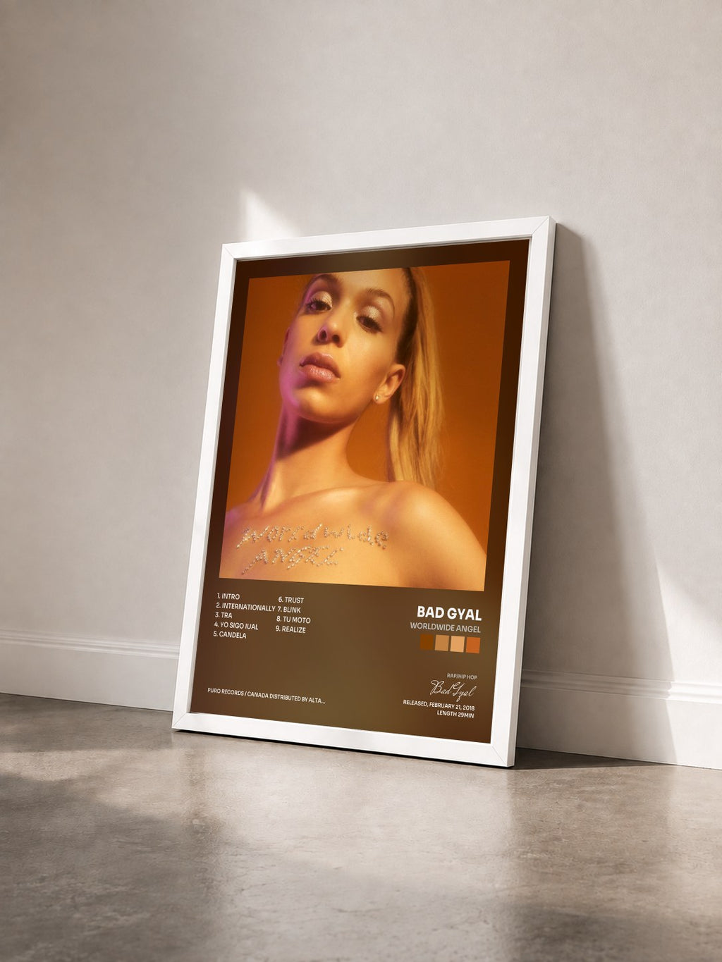 #blanc Worldwide Angel by Bad Gyal as a framed art print seen at an angle, white frame