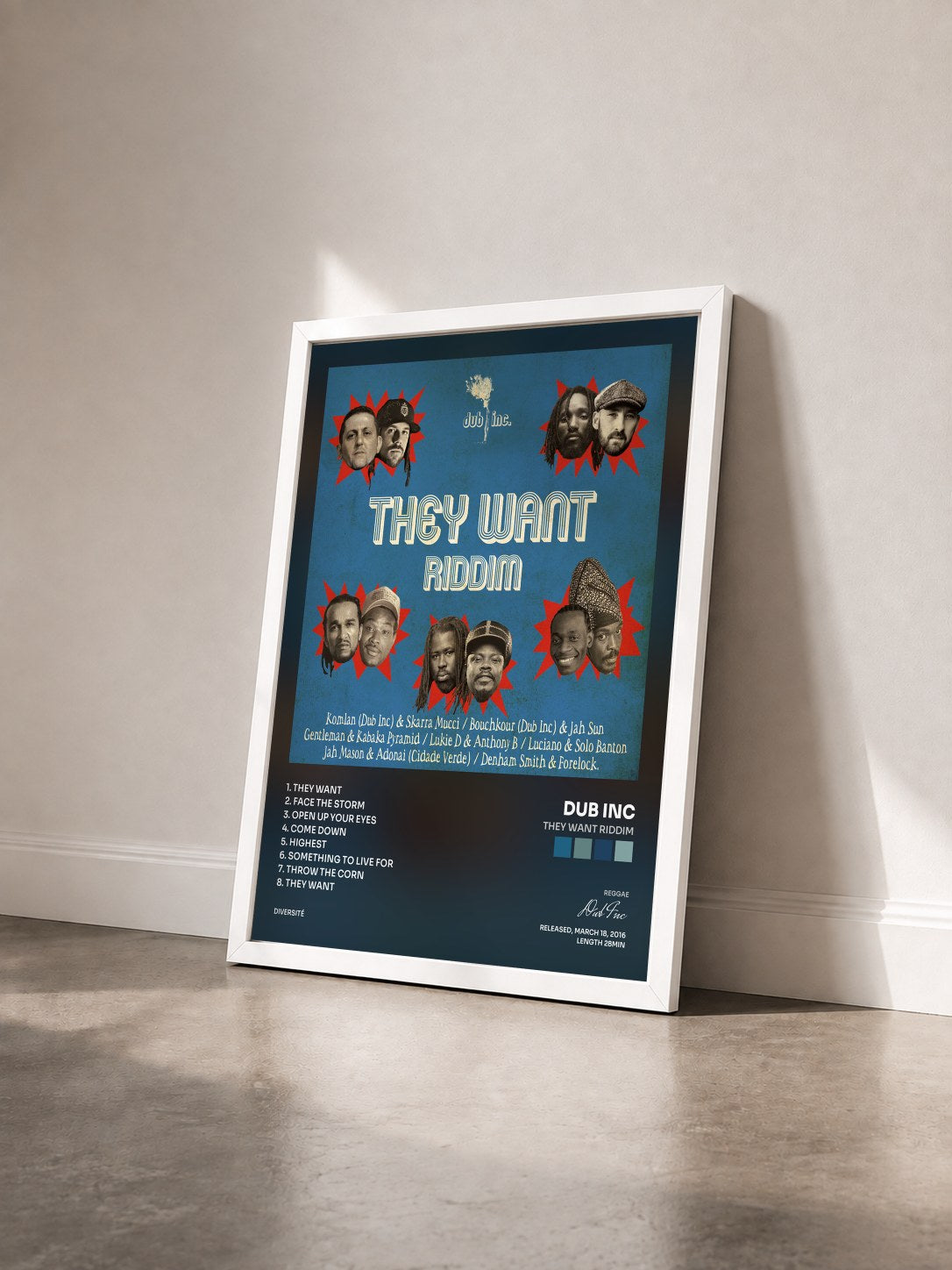 #blanc Tableau de l'album They Want Riddim de Dub Inc vu de trois quarts, cadre blanc