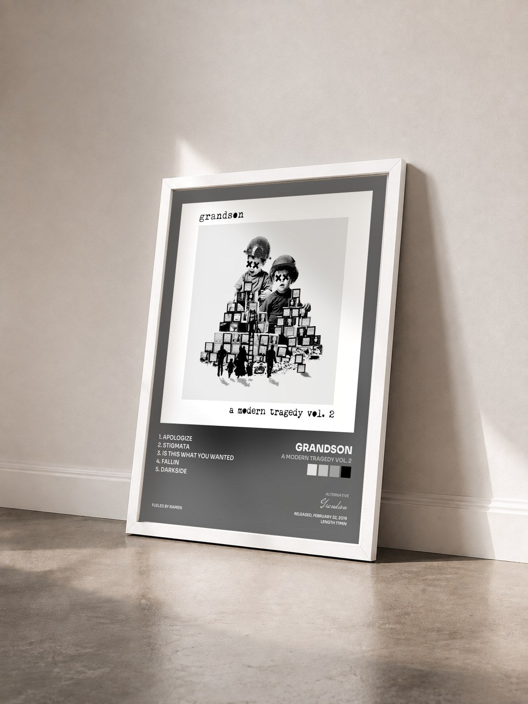 #blanc Tableau de l'album a modern tragedy vol. 2 de Grandson vu de trois quarts, cadre blanc
