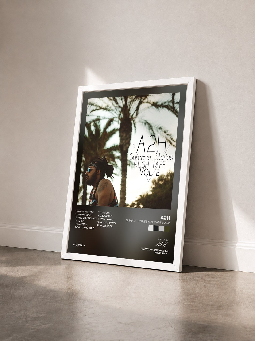 #blanc Tableau de l'album Summer Stories Kushtape, Vol. 2 de A2H vu de trois quarts, cadre blanc